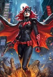 Batwoman en collant noir et cape rouge.