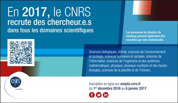 Le texte : En 2017 le CNRS recrute des chercheur.e.s dans tous les domaines scientifiques.<br />
L&#039;image est à dominante bleue, uniquement constituée de textes.