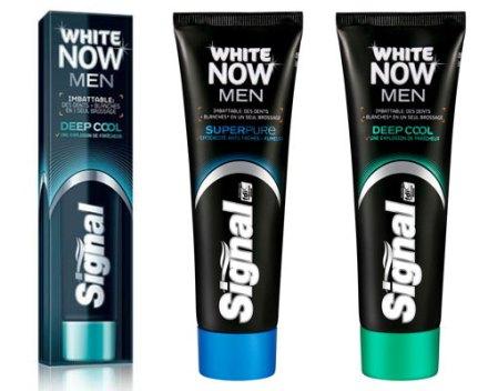 Trois tubes de dentifrice, de couleur noire et bleu métallisé, l&#039;un est dans son étui carton, les autres en sont sortis. Inscrit sur chacun d&#039;eux : &quot;White Now Men&quot; et la marque &quot;Signal&quot;.