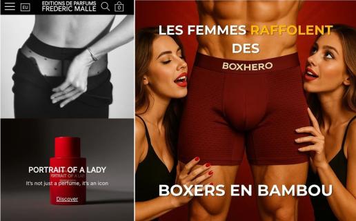 2 publicités qui sexualise le corps d'une femme, puis d'un homme 